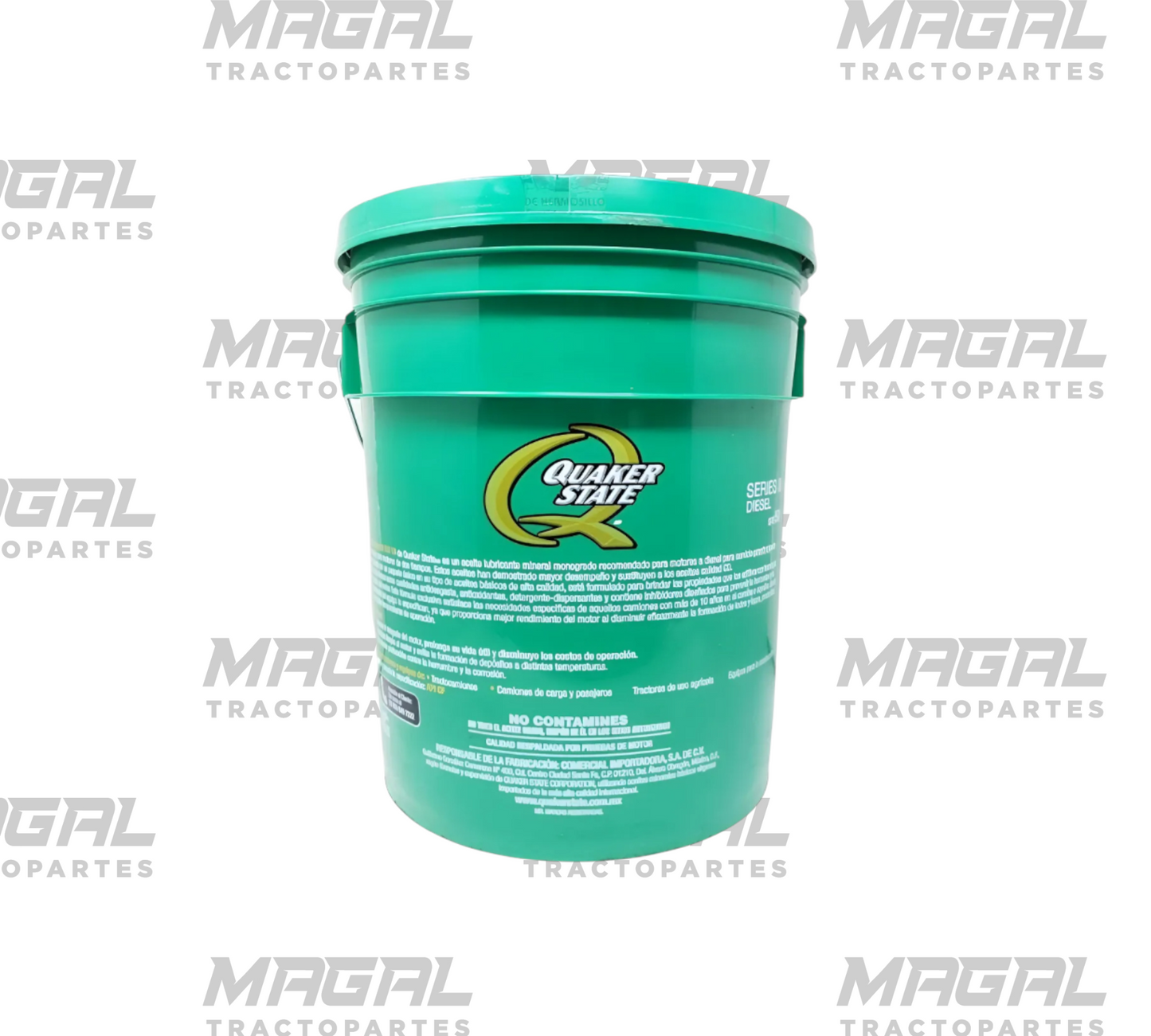 Cubeta verde de 19 L de aceite diésel SAE 50 Quaker State DH-4, vista posterior con etiqueta de información