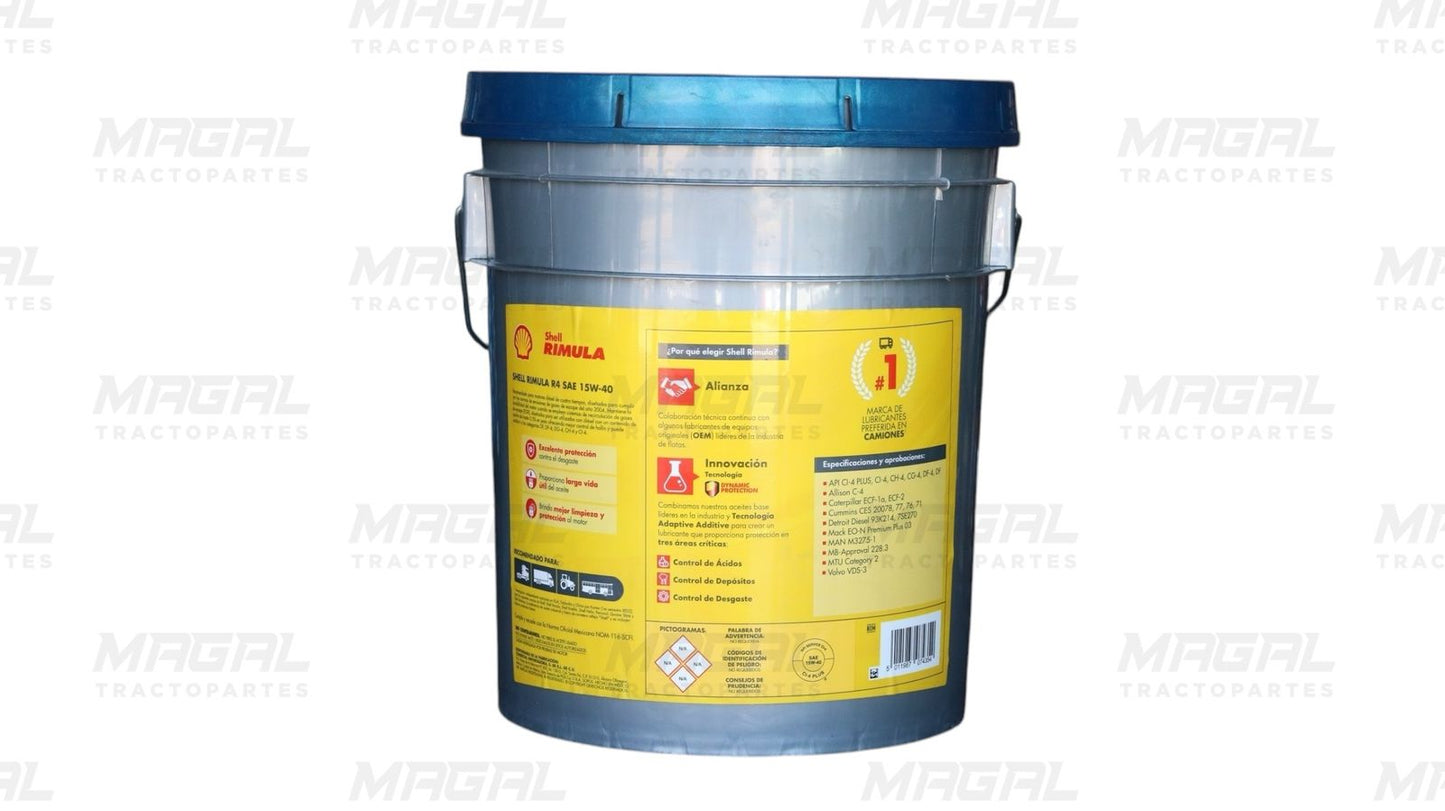 Parte trasera de cubeta de aceite Shell Rimula R4 15W-40 CI-4 Plus de 19 litros, muestra especificaciones técnicas, certificaciones y beneficios de protección para motores diésel de carga pesada.