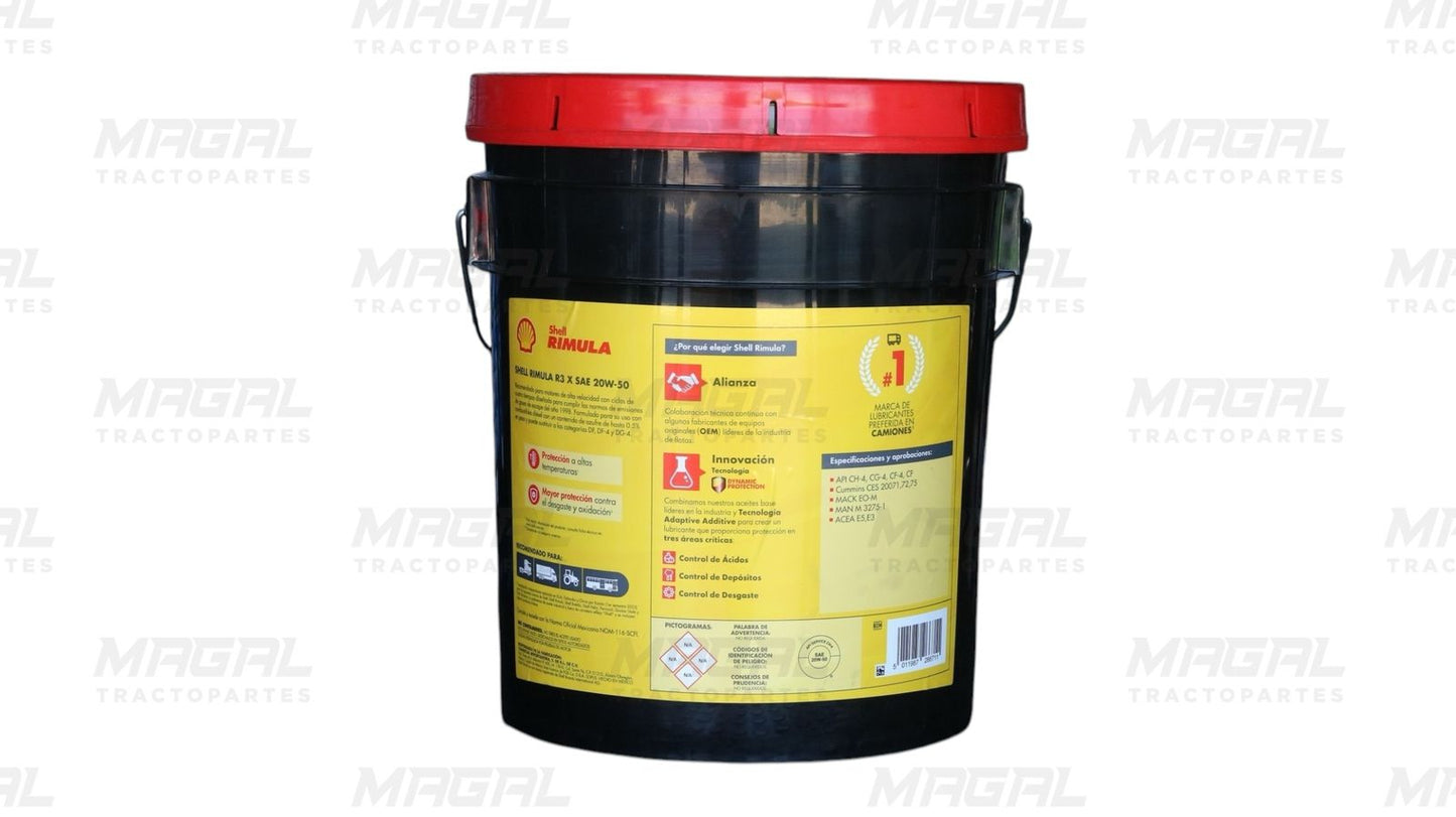 Etiqueta trasera del aceite Shell Rimula R3X SAE 20W-50 en cubeta de 19 litros, con especificaciones y beneficios