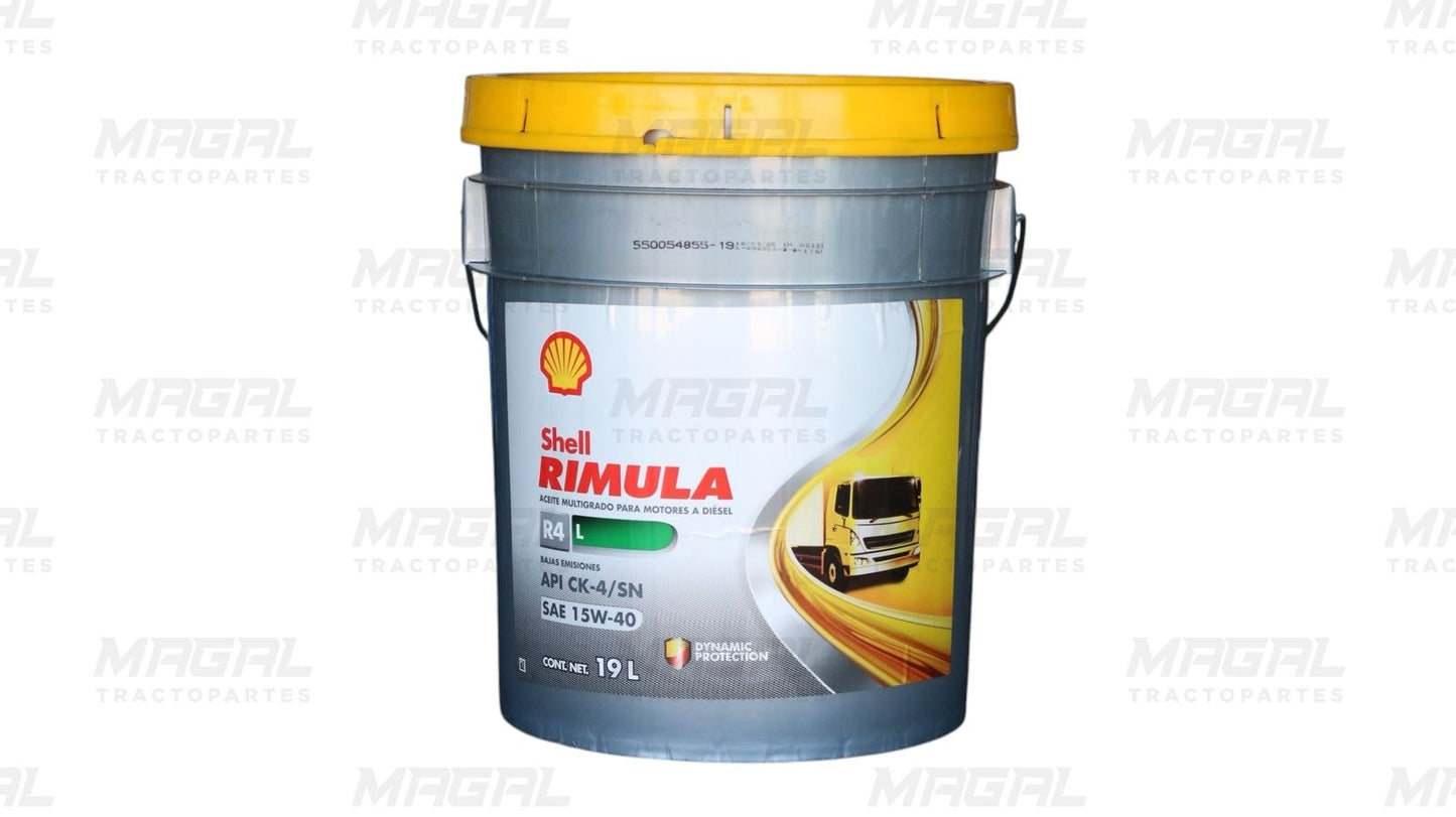 Cubeta de aceite Shell Rimula R4 L 15W-40 CK-4/SN para motor diésel con bajas emisiones, presentación de 19 litros
