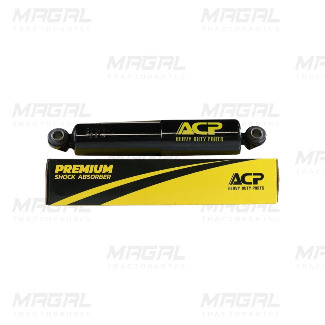 Amortiguador para suspensión ACP modelo HT300 5416 S-20126 de color negro con logotipo amarillo “ACP Heavy Duty Parts”, acompañado de caja de empaque amarilla con la leyenda “Premium Shock Absorber”, sobre fondo blanco con marca de agua Magal Tractopartes.