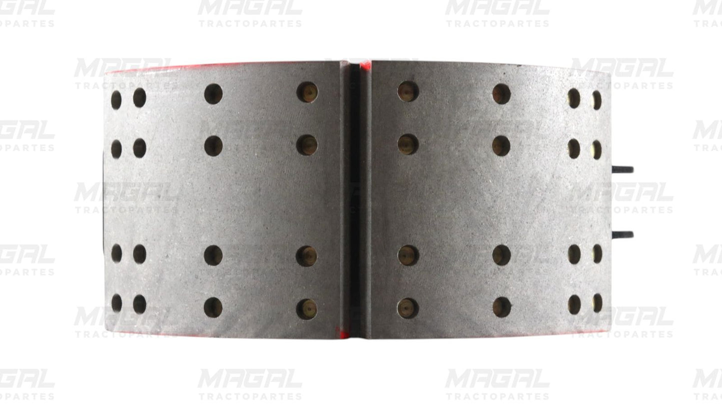 Vista frontal de balata perforada del juego de zapata de freno 4515 JB, ideal para frenos de servicio pesado en tractocamión