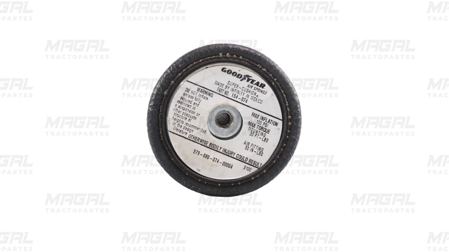 Vista inferior de la bolsa de aire para cabina Volvo 1S4-074 marca Goodyear, mostrando la placa metálica con especificaciones técnicas