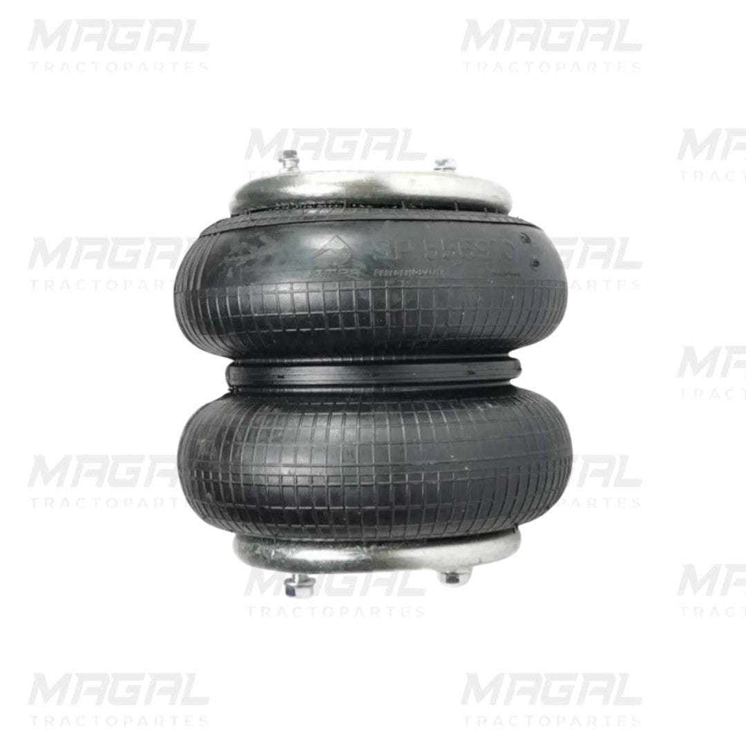 Vista lateral de bolsa de aire para suspensión Dina modelo SP-556910 / 2B9-200 marca Sampa, con doble fuelle de hule reforzado y bases metálicas.