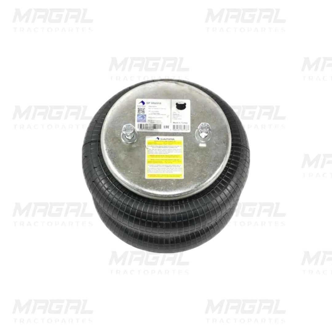 Bolsa de aire Sampa para suspensión Dina modelo 2B9-200 compatible con SP-556910, vista superior con placa metálica y etiquetas técnicas visibles.