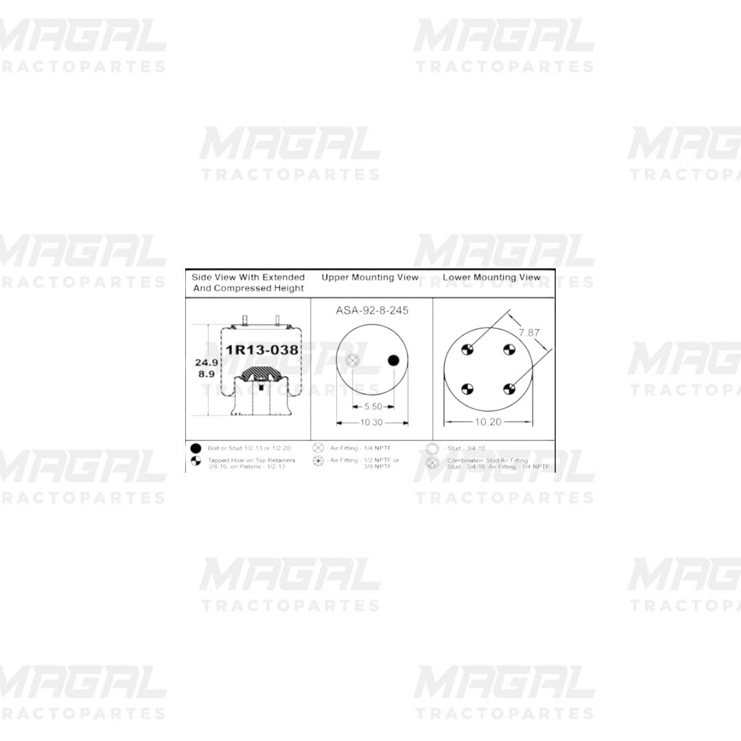 Diagrama técnico de la bolsa de aire Goodyear 1R13-038 con medidas, vistas de montaje y altura extendida y comprimida