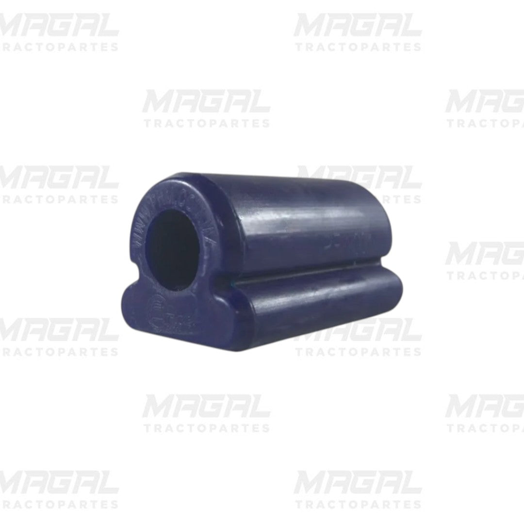 Vista lateral de buje delantero OEM XB00111 tipo Holland en goma azul con inserto metálico para quinta rueda