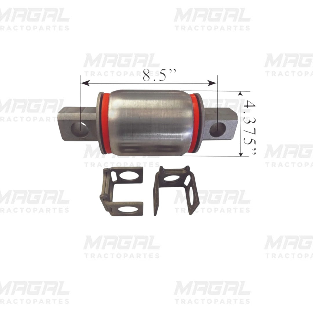 Buje lateral Durothane 34013-087 para suspensión tipo Bar-Pin, con medidas de 8.5” de largo y 4.375” de perno, incluye herrajes de montaje