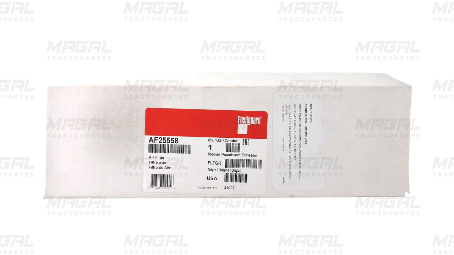 Empaque original del filtro de aire secundario Fleetguard AF25558, ideal para aplicaciones de motores industriales o pesados.