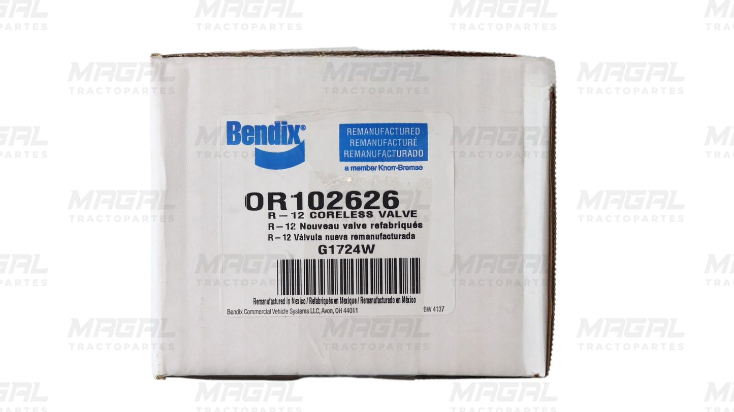 Caja original de la válvula de relevo vertical R12 REMAN Bendix modelo OR102626, remanufacturada en México.