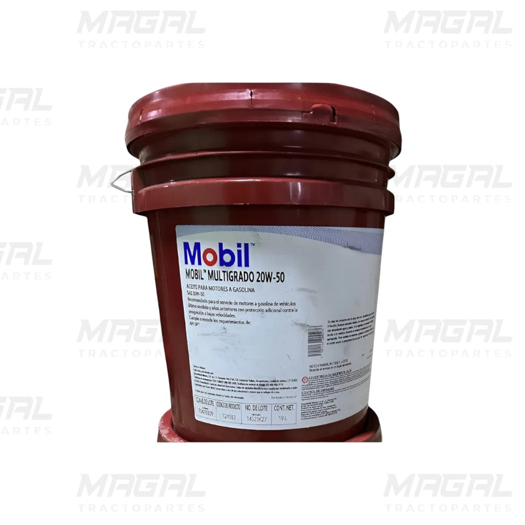 Cubeta de aceite Mobil 20W50 19 litros para motores a gasolina, vista frontal