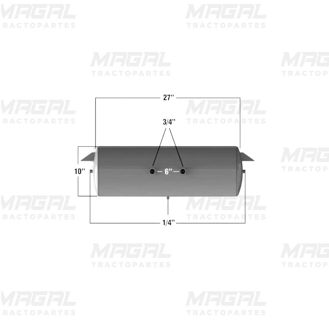 Dimensiones del tanque de reserva de aire 27x10 pulgadas para camiones, conexiones de 3/4 y 1/4 de pulgada, separación de 6 pulgadas entre entradas