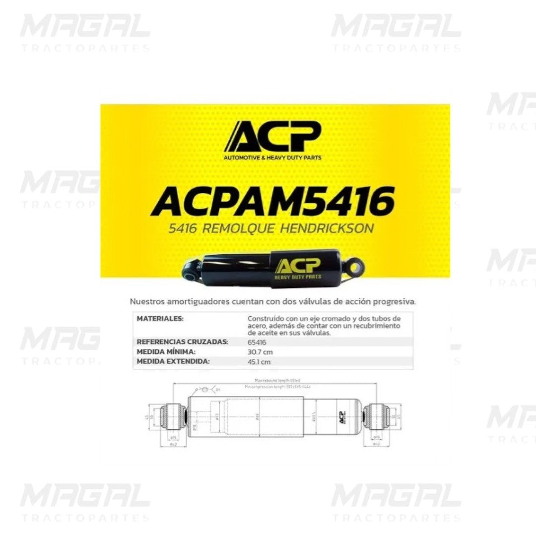 Ficha técnica del amortiguador ACP AM5416 para remolque Hendrickson, con logotipo en amarillo sobre fondo negro, especificaciones de materiales, referencias cruzadas, medidas mínima y extendida, y diagrama técnico con dimensiones; imagen con branding de Magal Tractopartes.