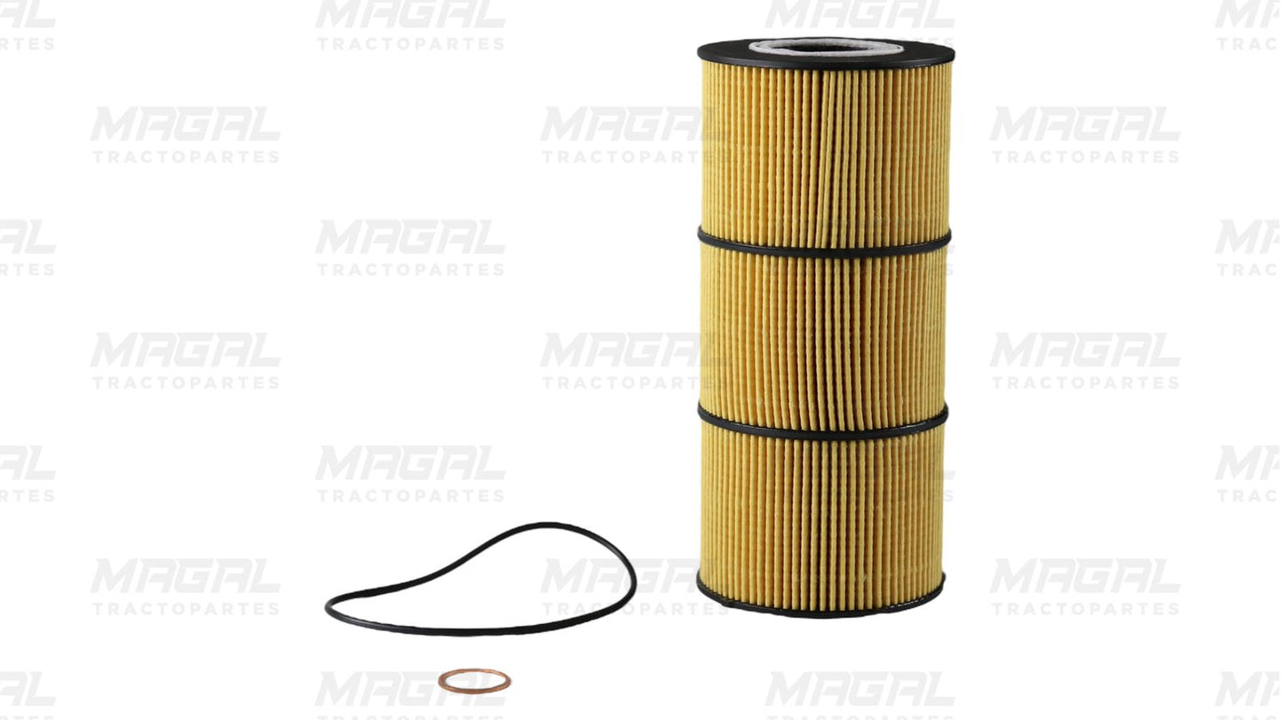 Vista lateral del filtro de aceite LF17511 / P551005 para motor Detroit DD15 con empaques incluidos, compatible con tractocamión Cascadia.