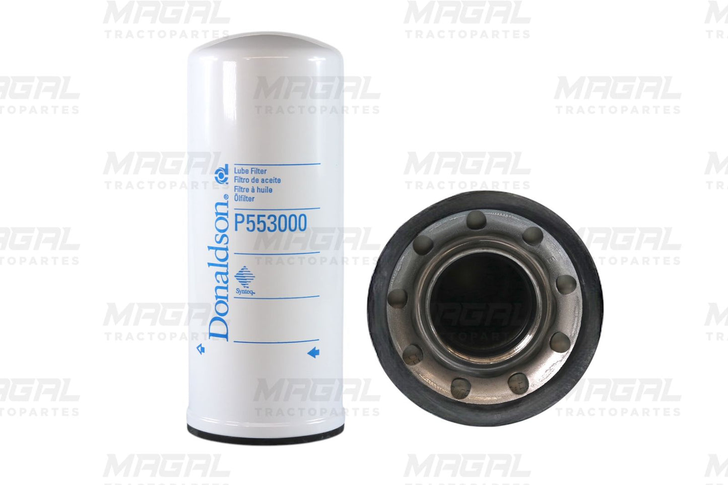 Filtro de aceite Donaldson P553000 / LF3000 mostrado con vista de entrada de rosca y cuerpo completo, compatible con motores Cummins y aplicaciones pesadas.