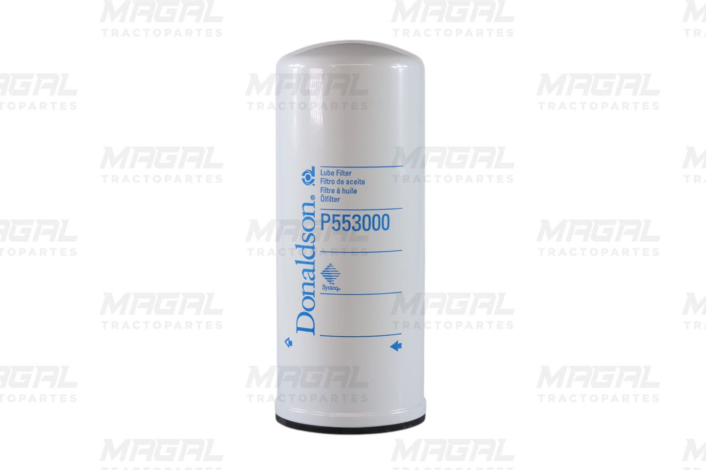Vista frontal del filtro de aceite Donaldson P553000 / LF3000, compatible con motores Cummins, diseñado para una máxima eficiencia de filtrado en aplicaciones industriales y de transporte.