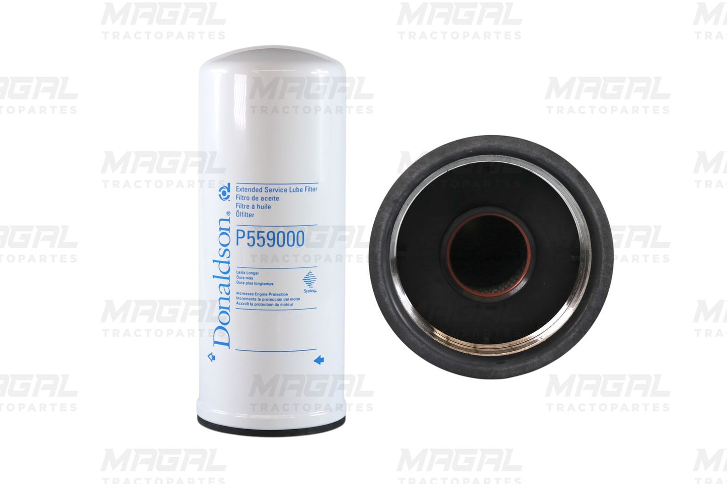 Filtro de aceite Donaldson P559000 LF14000NN con vista frontal y base roscada para motor Cummins.