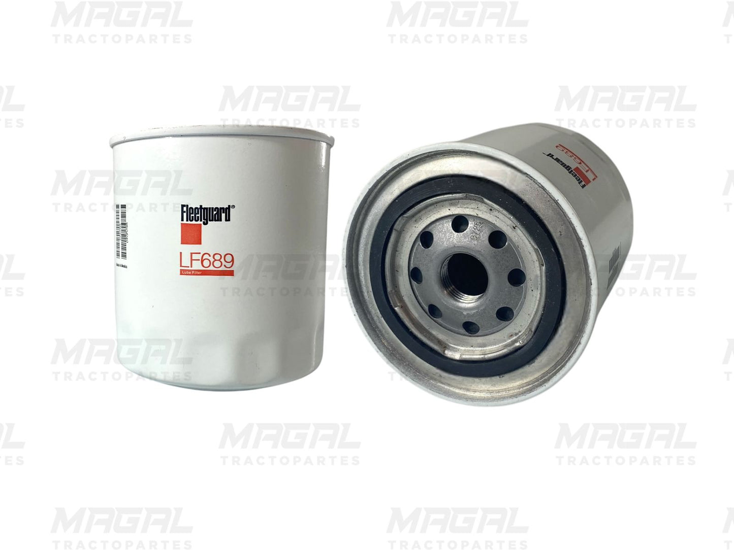 Vista frontal y superior del filtro para aceite de motor Fleetguard LF689, modelo enroscable tipo sellado, ideal para motores diésel, mostrando su estructura metálica y diseño de conexión.