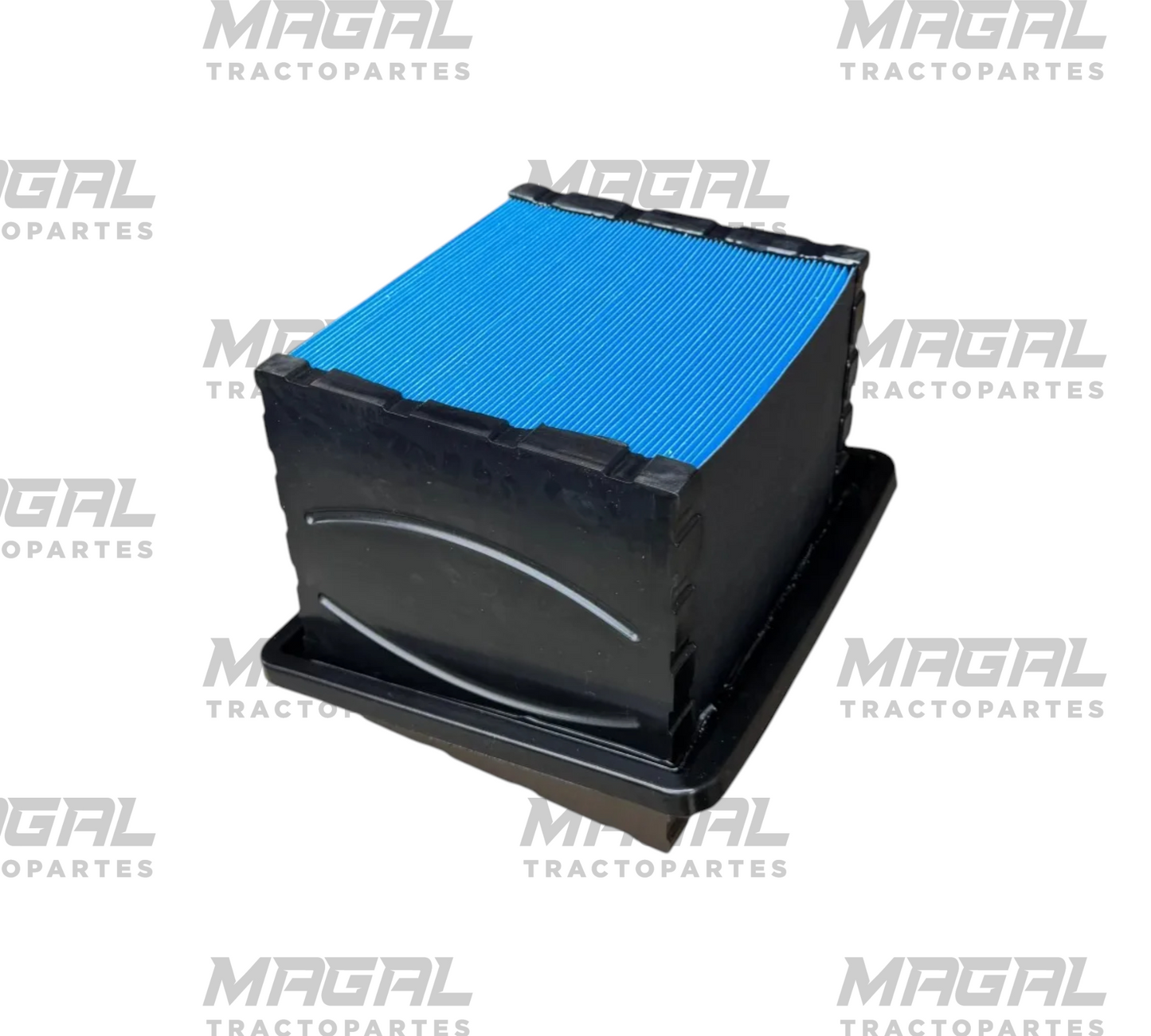 Filtro de aire P623400 (2517298C1) para Navistar MaxxForce; cartucho rectangular con panel azul, vista lateral con base negra