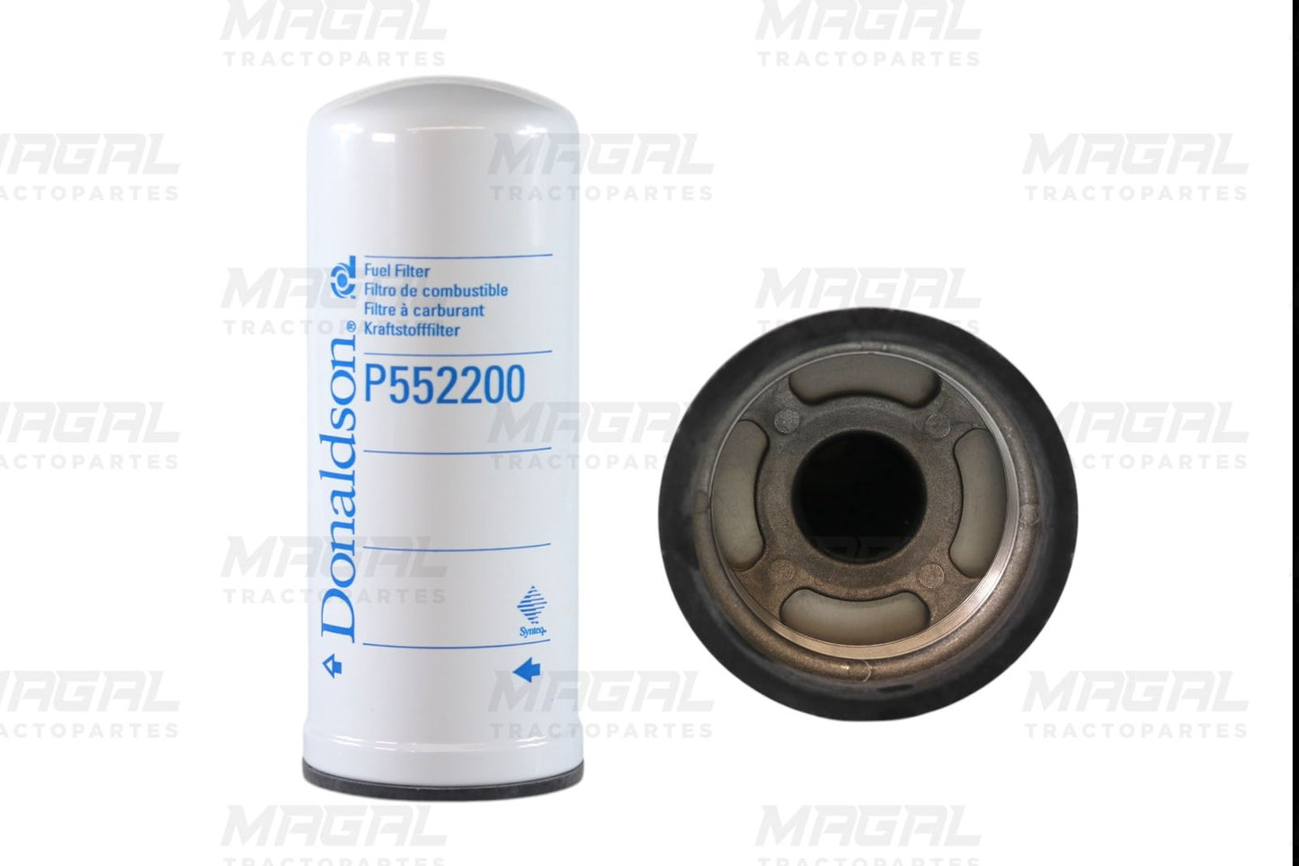Filtro de combustible enroscable Donaldson P552200, vista frontal y lateral sobre fondo blanco