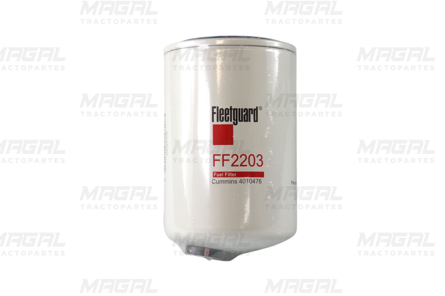 Filtro de combustible Fleetguard FF2203 color blanco, en posición vertical, con logotipo y modelo impresos al frente.