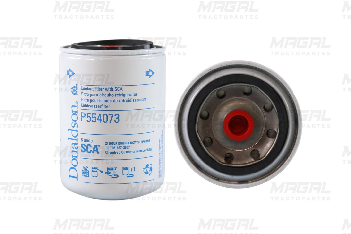 Vista frontal y lateral del filtro de refrigerante enroscable Donaldson P554073 con aditivo SCA, diseñado para mantener limpio el sistema de enfriamiento en motores diésel.