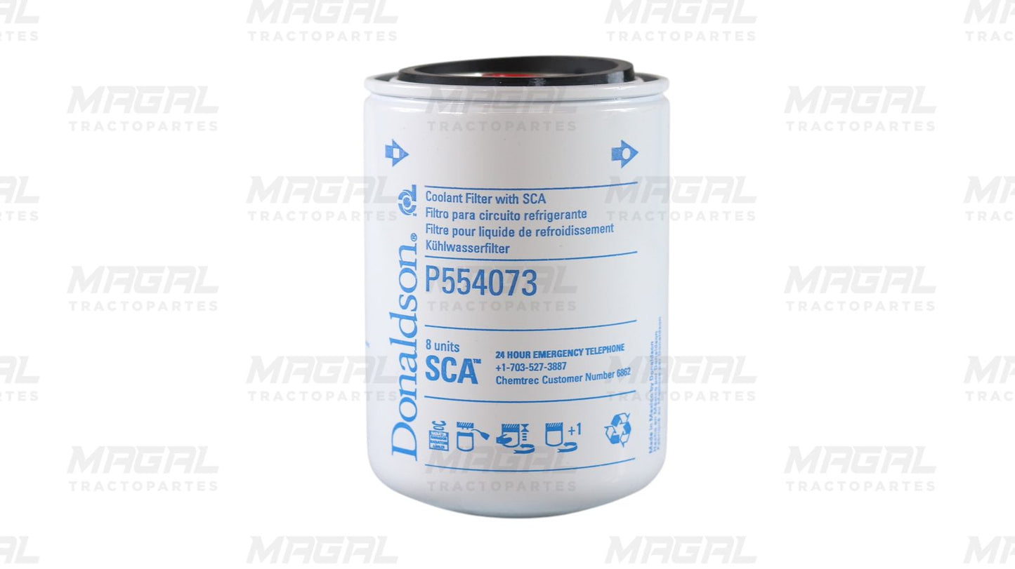 Filtro de refrigerante Donaldson P554073 con aditivo SCA, ideal para sistemas de enfriamiento en motores diésel; diseño enroscable para instalación rápida y eficiente.