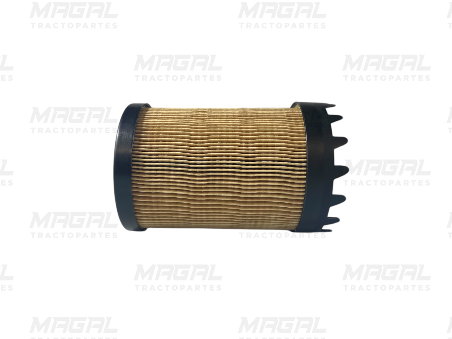 Filtro diésel FS-2023300 acostado, vista lateral de estructura plisada y base dentada