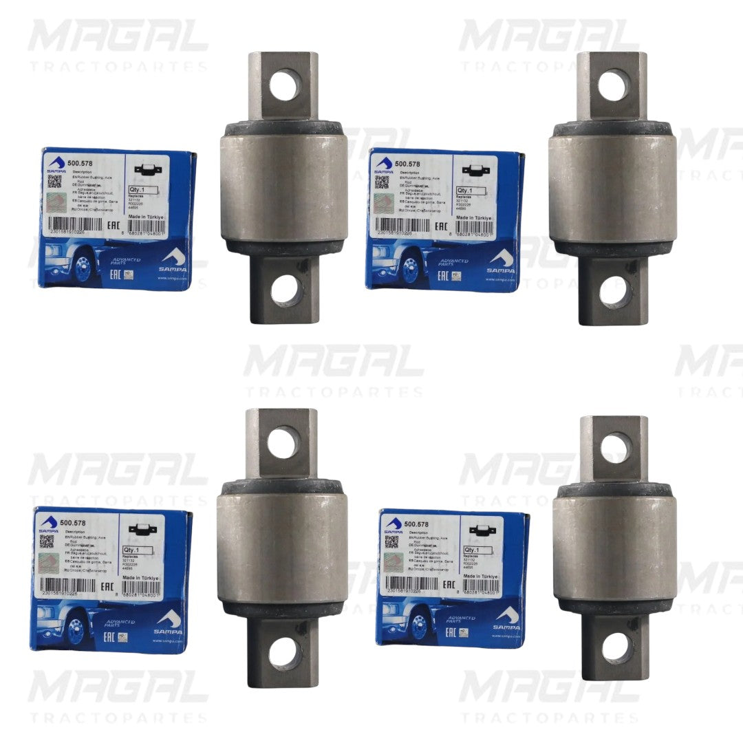 Set de 4 granadas Hendrickson para suspensión Kenworth y Peterbilt, OEM 500.578, incluye empaques originales de la marca Sampa, piezas metálicas de alta resistencia con terminales perforadas para montaje.