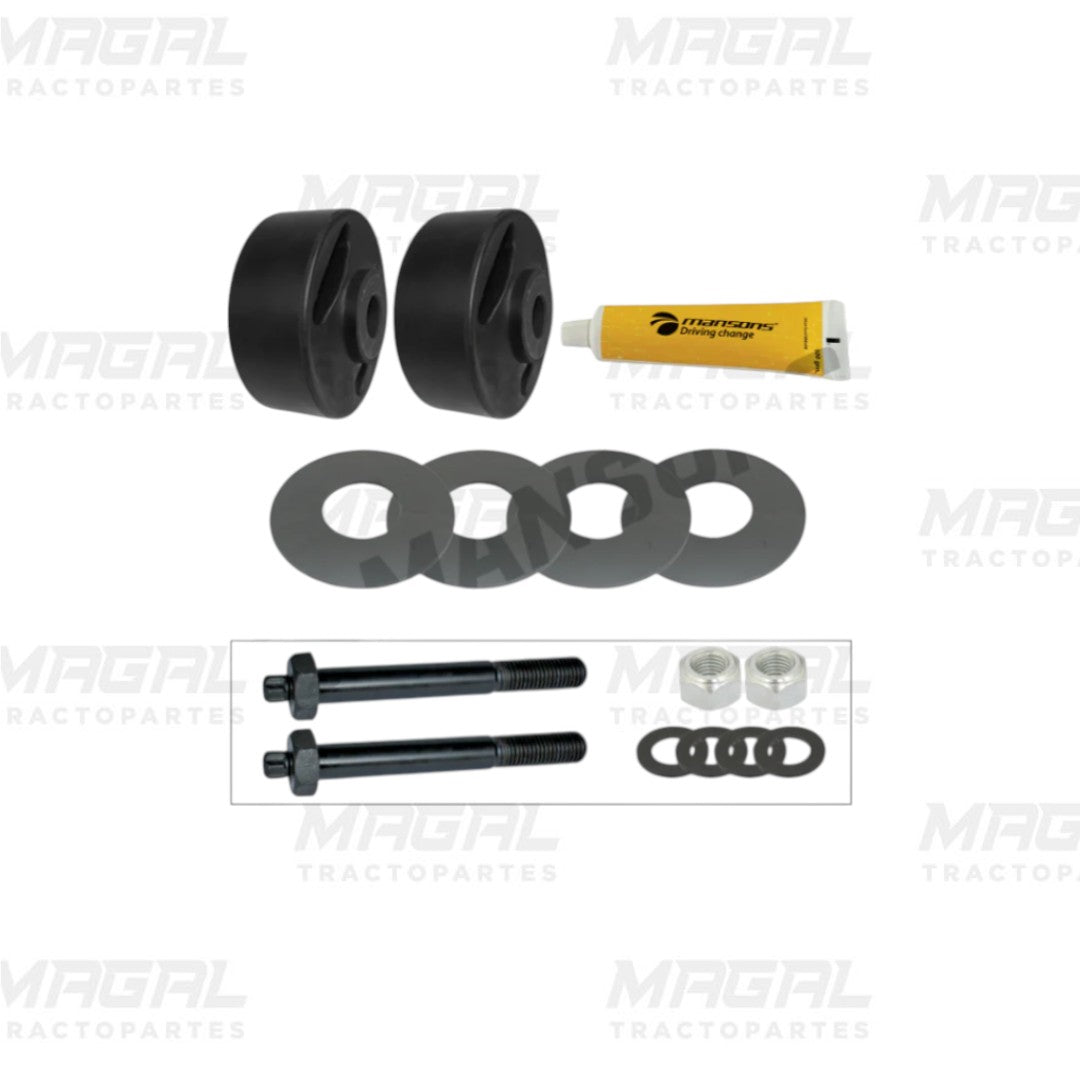 Kit de Buje Trifuncional Delgado marca Mansons modelo S-26321, incluye bujes, tornillos, arandelas, tuercas y lubricante para suspensión de tractocamión