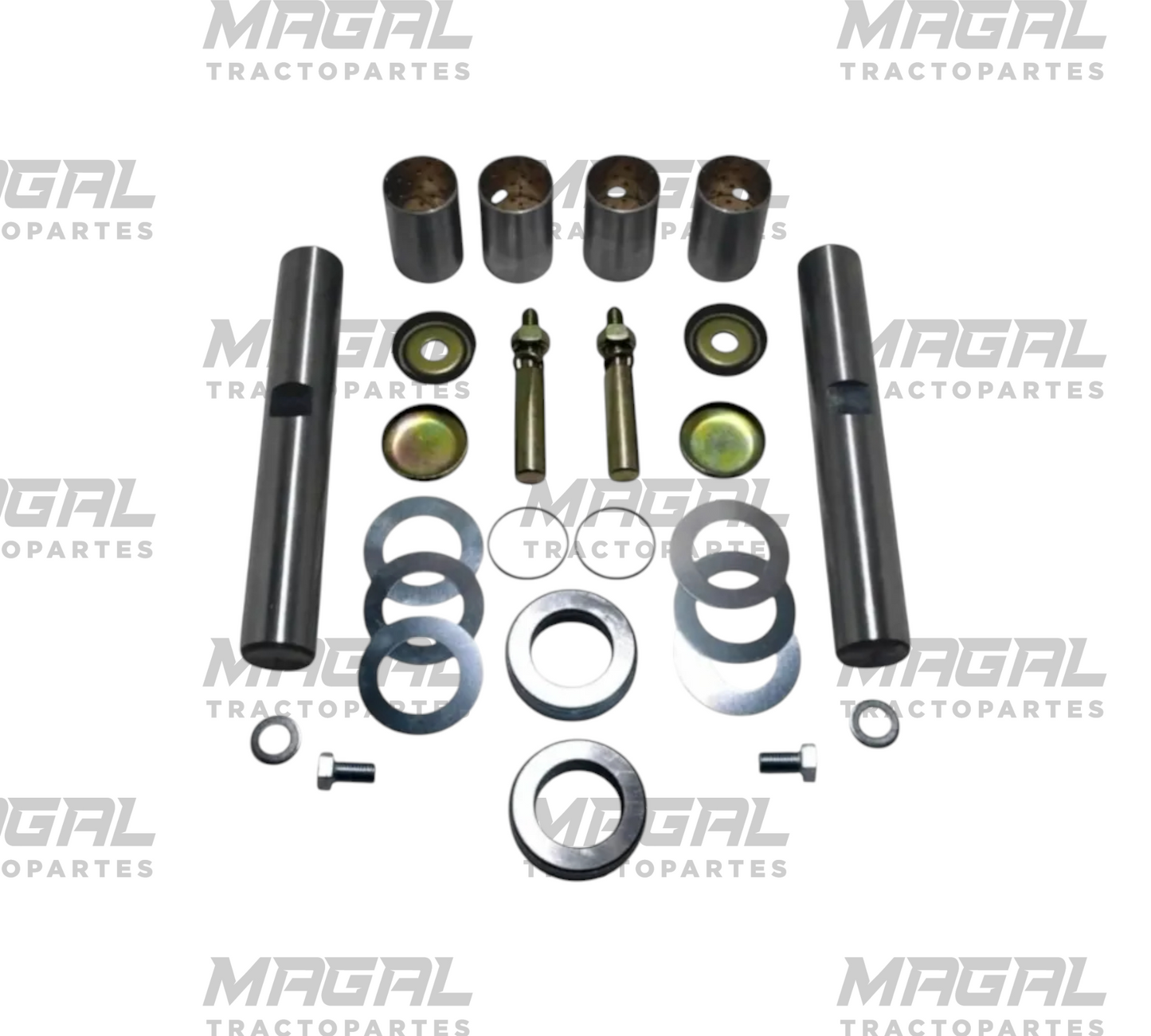 Kit de pernos de dirección para camión Isuzu ELF 2006–2024, acabado plateado; piezas y bujes alineados en vista superior