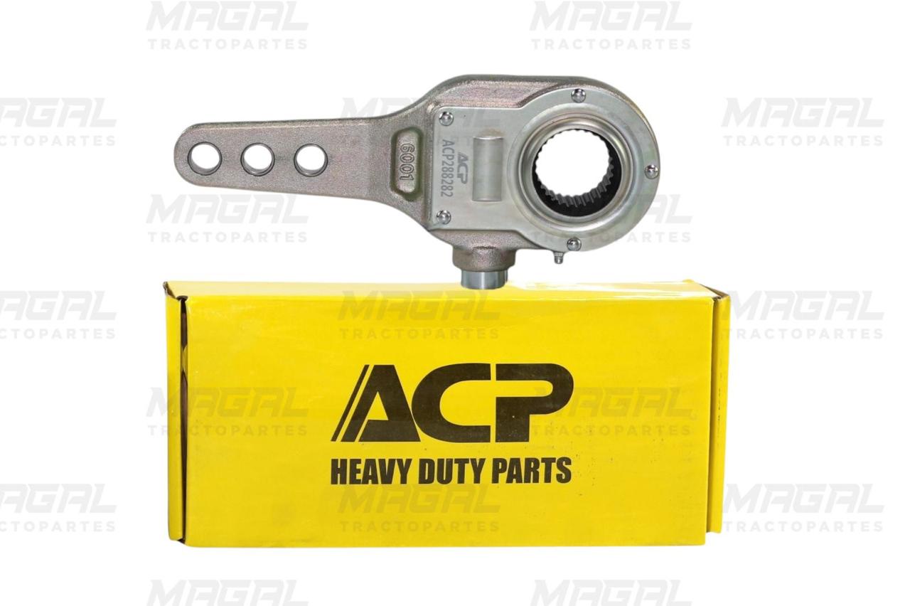 Matraca de frenos manual ACP de 28 dientes modelo 288282 mostrada sobre su caja de empaque amarilla con logotipo ACP Heavy Duty Parts