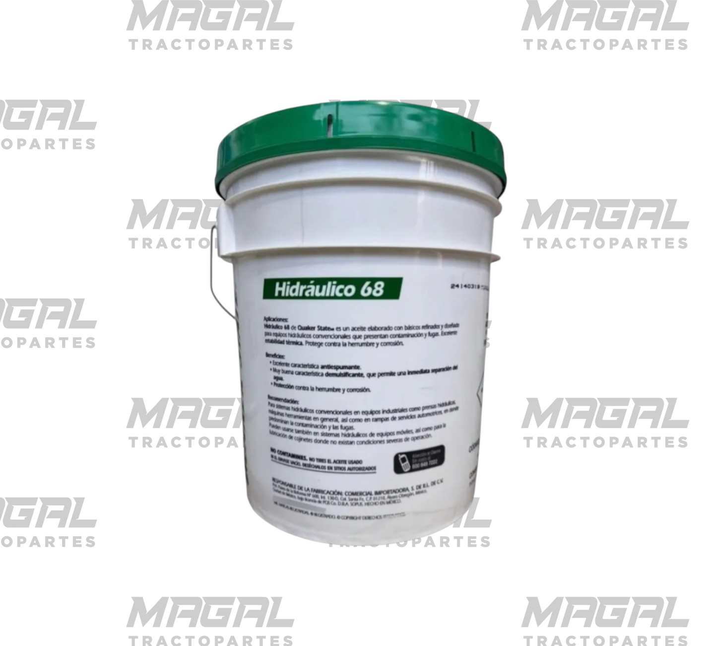 Aceite hidráulico 68 Quaker State, cubeta de 19 litros, etiqueta trasera