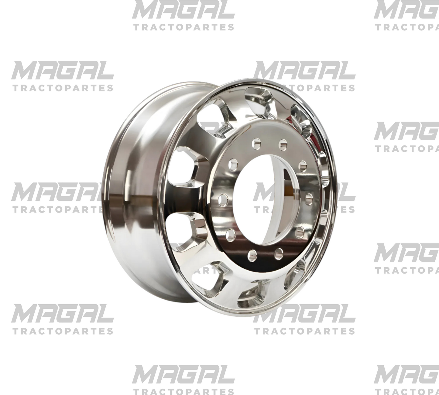 Rin de aluminio tipo Kenworth 22.5 10 ventanas 8000 lb plateado vista 3/4