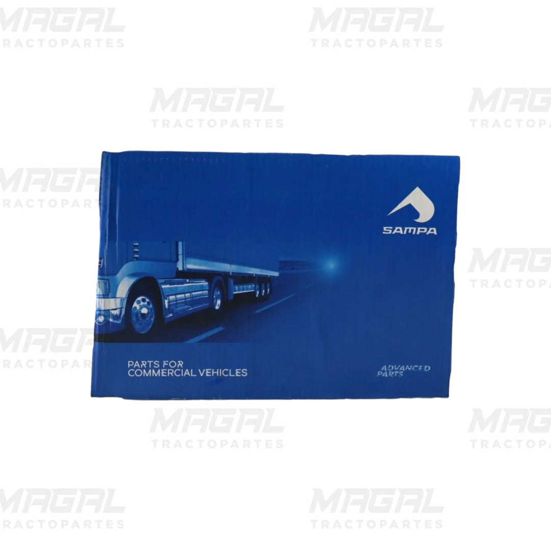 Caja azul marca Sampa para partes de vehículos comerciales, con imagen de tráiler y texto "Parts for Commercial Vehicles"