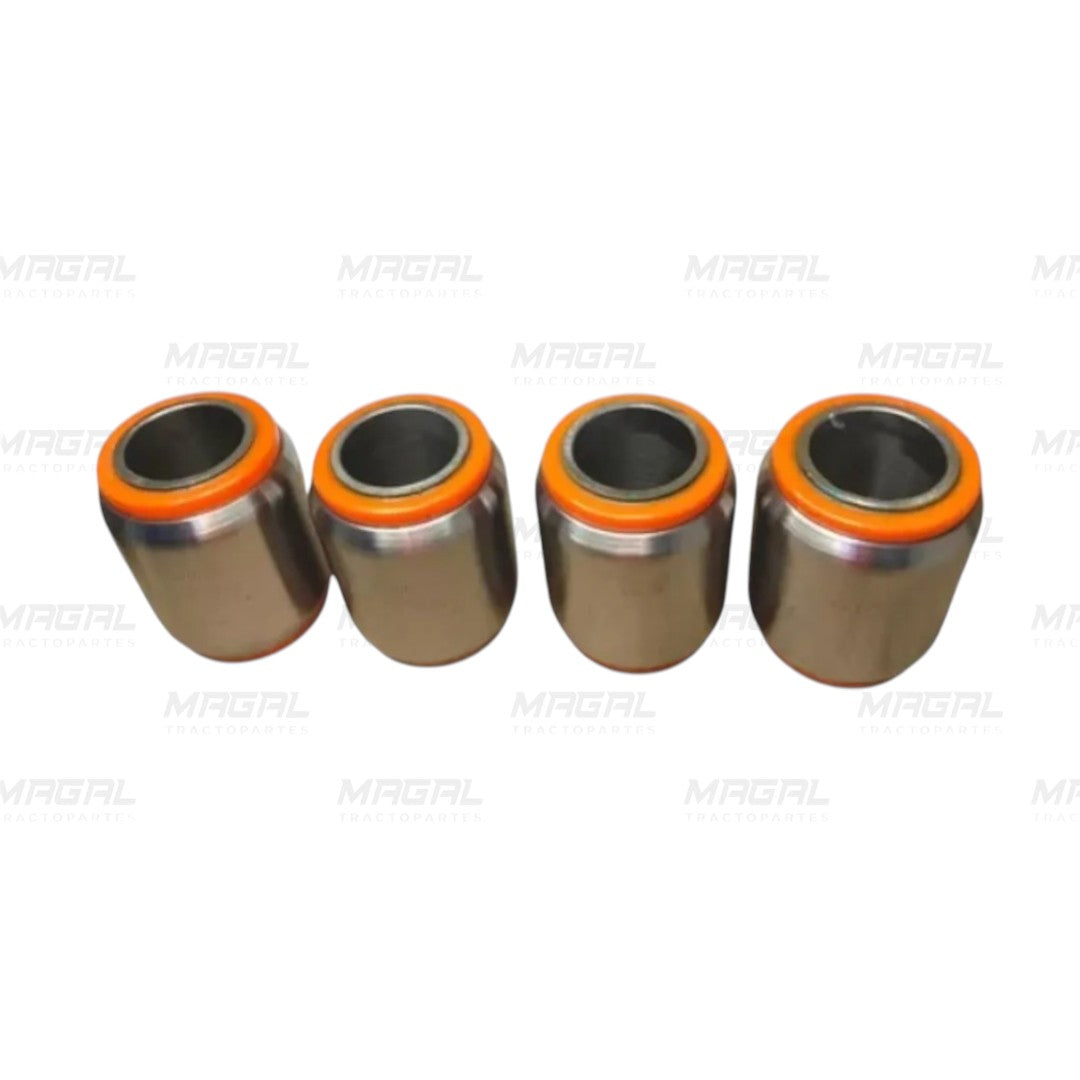 Conjunto de 4 bujes metálicos con anillo color naranja, alineados horizontalmente sobre fondo blanco, modelo GAFF