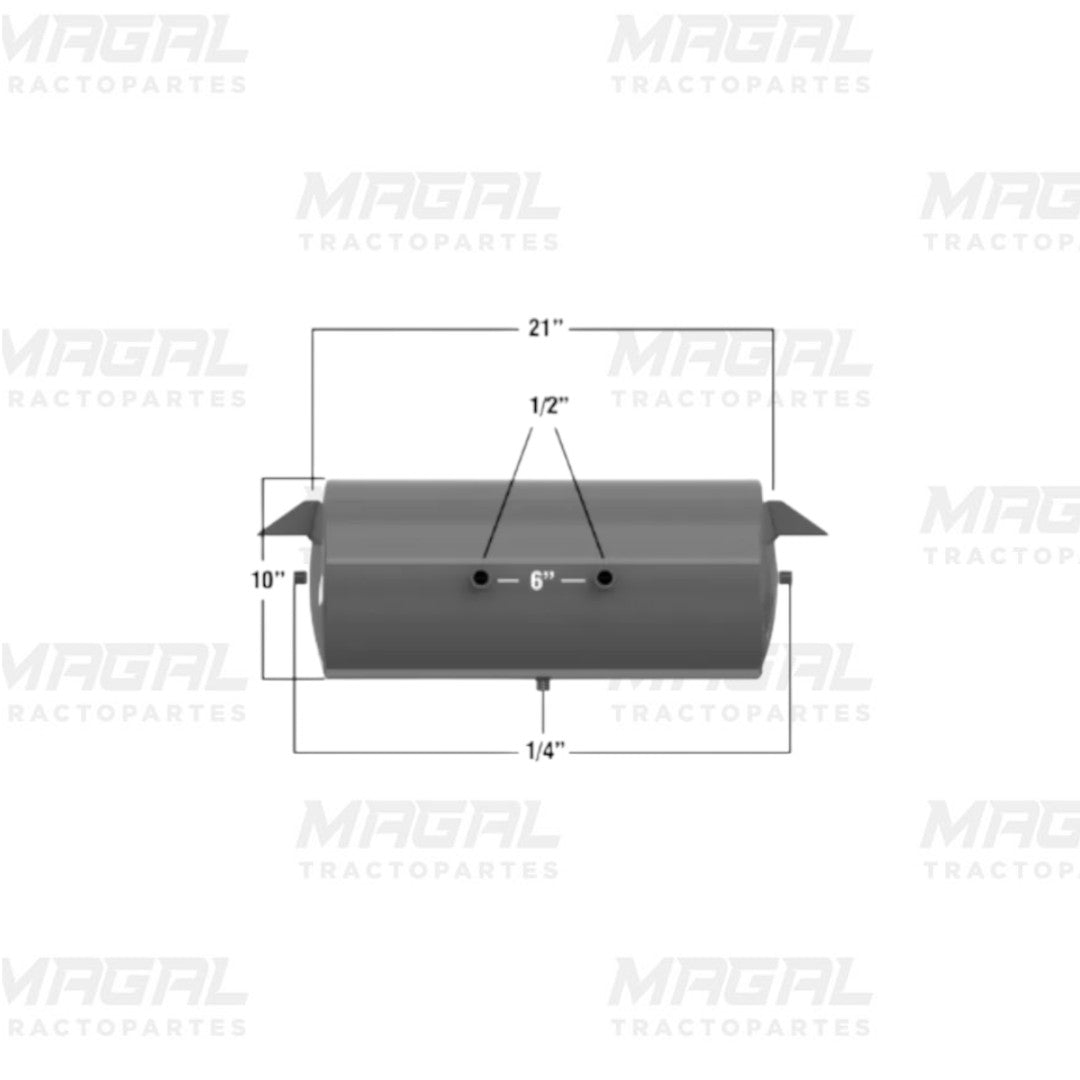 Especificaciones técnicas del tanque de aire 21x10 para tráiler con 2 puertos, modelo DTF5030, medidas en pulgadas