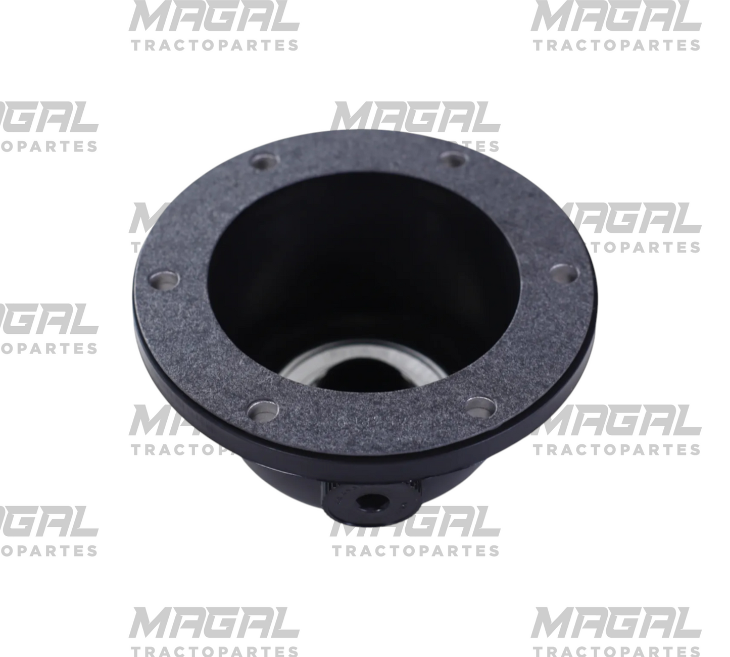 Tapa de eje delantero para camión con 6 orificios, vista superior de la copa negra con aro de junta gris y asiento metálico interior