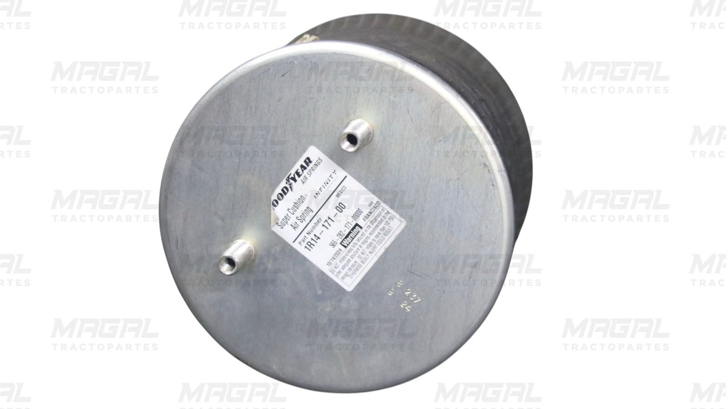 Tapa superior metálica de la bolsa de aire Goodyear modelo 1R14-171-00, con etiqueta de especificaciones visibles y doble salida de aire.
