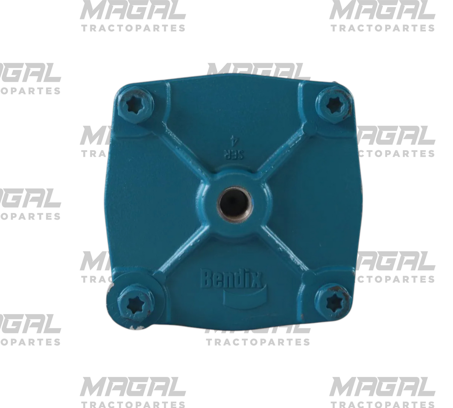 Válvula de relevo Bendix R-12 para freno de aire, vista superior de la tapa azul con cuatro tornillos y orificio central