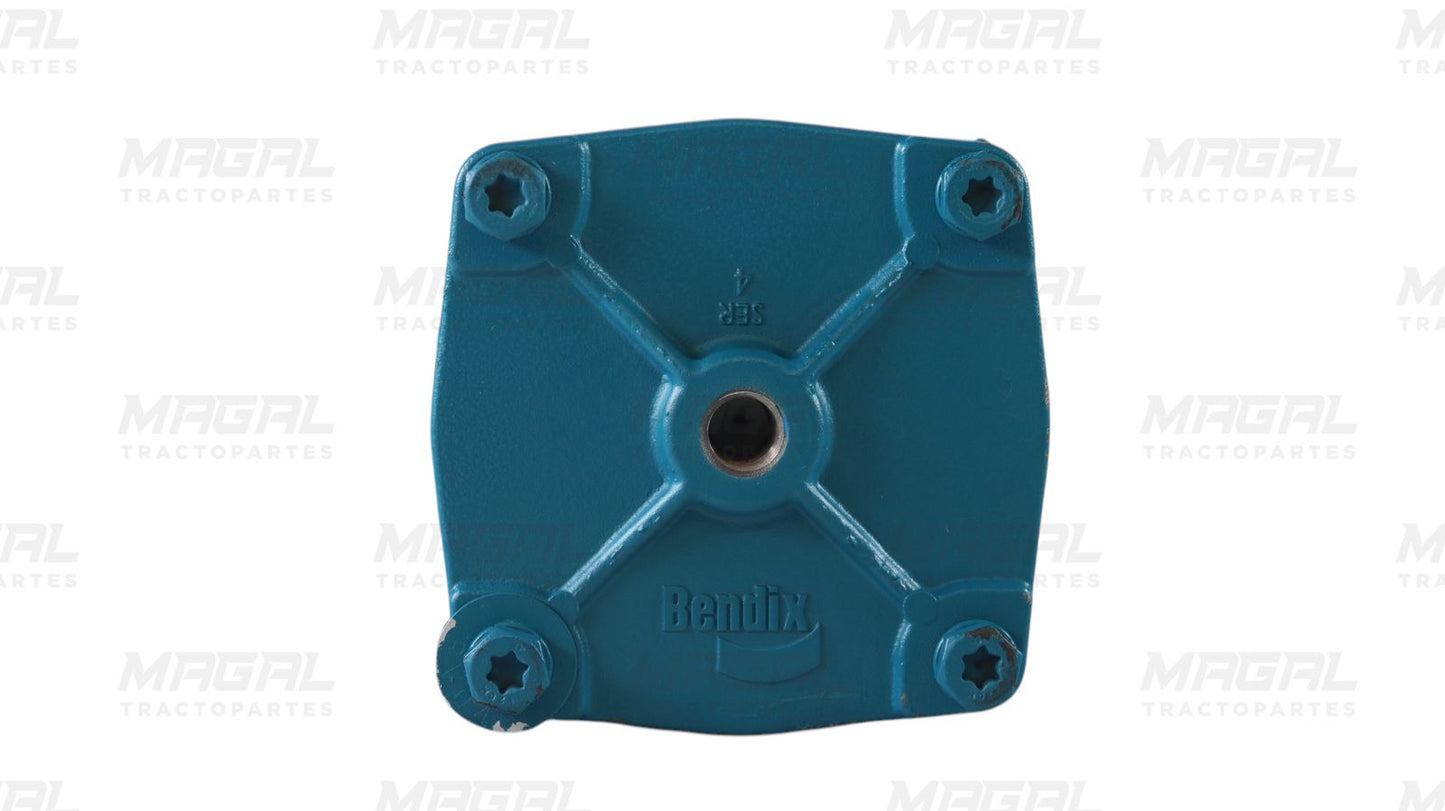 Base de la válvula de relevo vertical R12 REMAN marca Bendix con sello original y cuatro tornillos visibles.