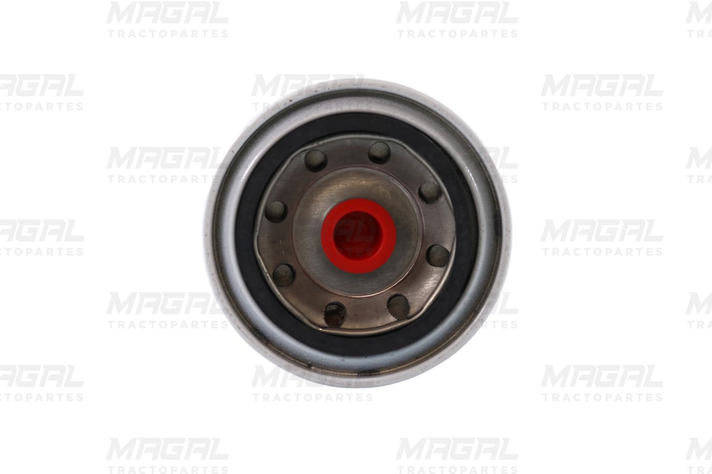 Vista inferior del filtro de refrigerante Donaldson P554073 mostrando el diseño de conexión enroscable con sello de goma y puerto central para instalación en motor diésel.