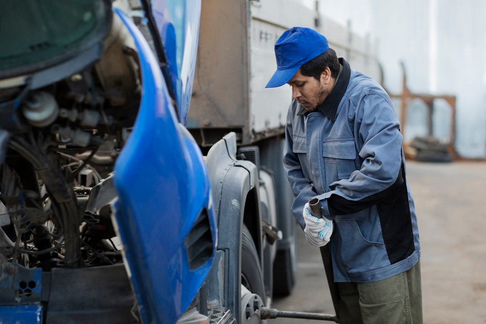 Mecánico con gorra azul revisando el motor de un tractocamión — por qué son importantes las refacciones para tractocamiones