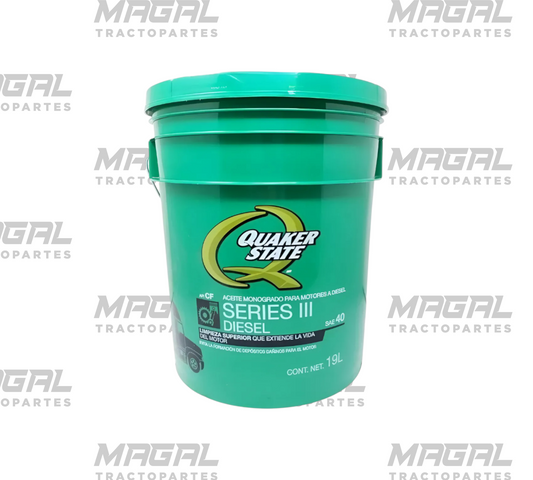 Cubeta verde 19 L Quaker State SAE 40 diésel, vista frontal centrada con etiqueta Series III Diesel