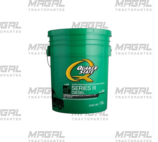 Aceite diésel SAE 50 Quaker State DH-4, cubeta verde de 19 L, vista frontal centrada sobre fondo limpio