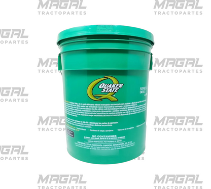 Cubeta verde de 19 L de aceite monogrado SAE 40 Quaker State para motores diésel, vista posterior con etiqueta de información