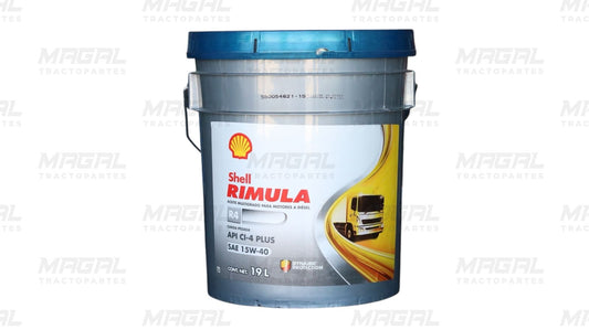 Cubeta de aceite Shell Rimula R4 15W-40 CI-4 Plus para motor diésel de carga pesada, presentación de 19 litros, ideal para protección en condiciones exigentes.

