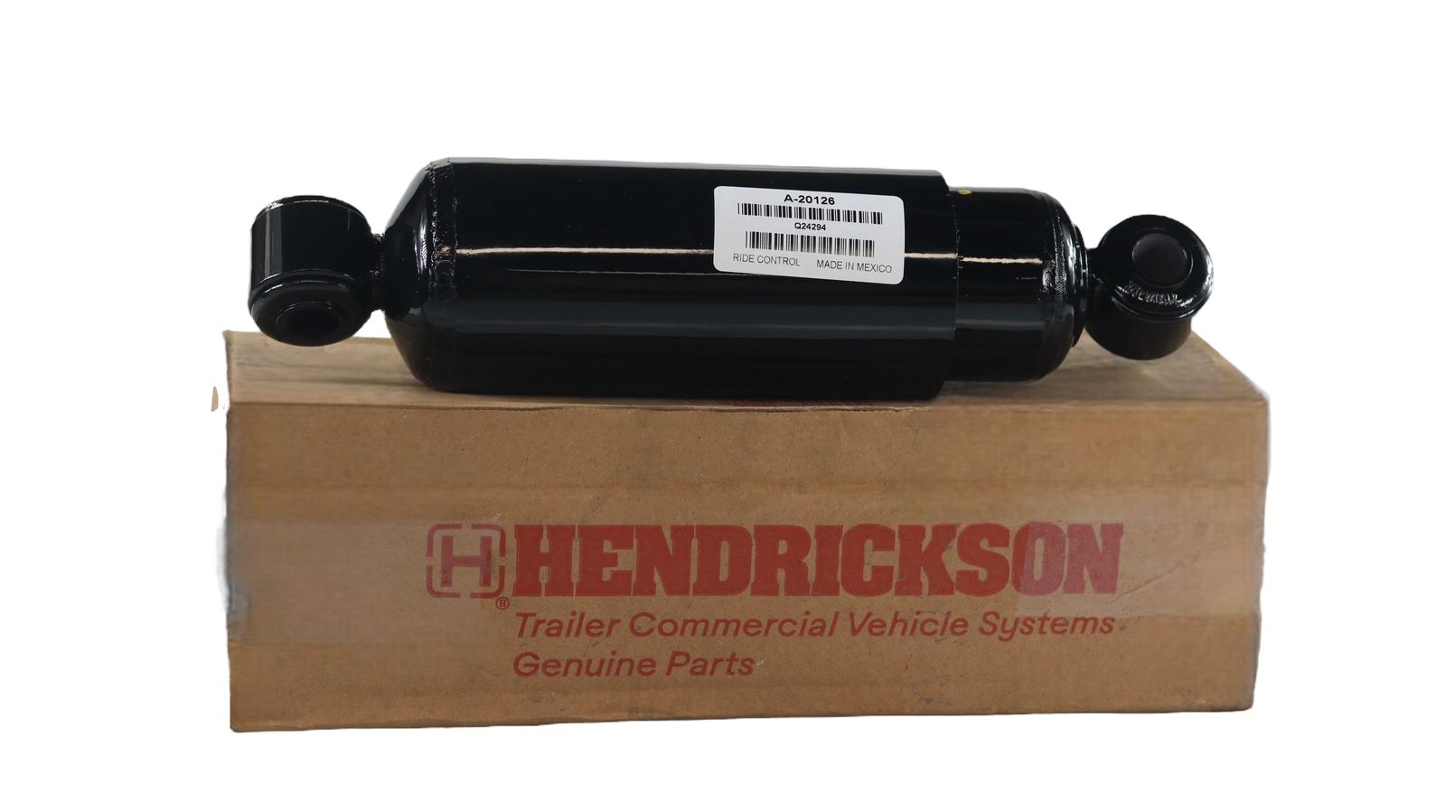 Amortiguador Hendrickson S-20126 sobre caja original con logotipo, repuesto para suspensión de tráiler


