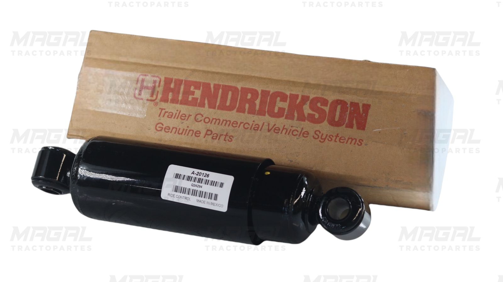 Amortiguador Hendrickson S-20126 en posición horizontal junto a caja original, repuesto para suspensión de tractocamión

