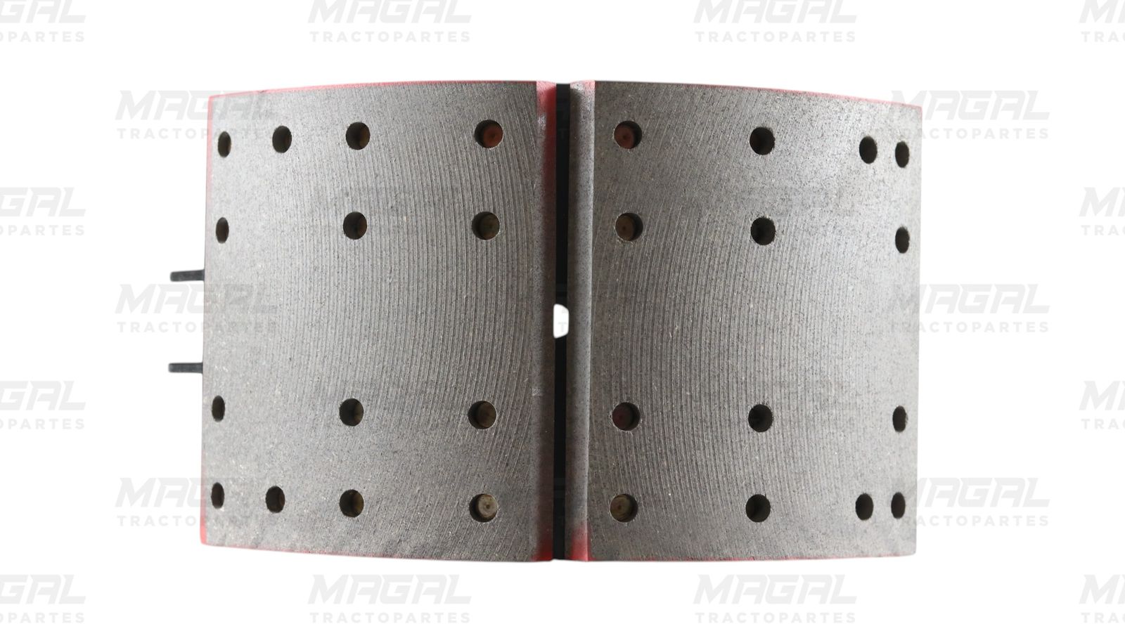 Vista frontal de balatas perforadas del kit de frenos 4711 con zapata embalatada, ideal para sistemas de frenado de vehículos pesados